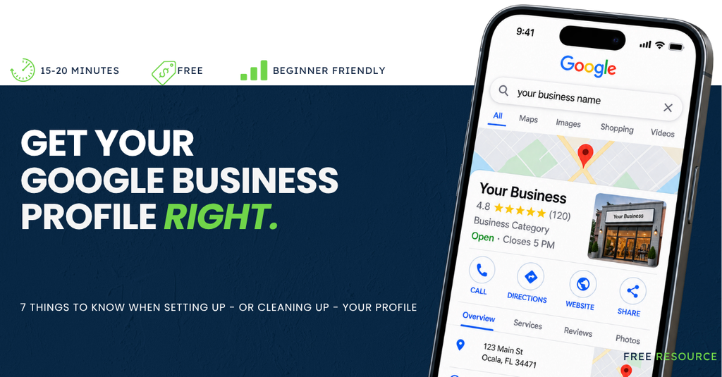 Google Business Profile displayed on a smartphone with business hours, reviews, phone number, website and location.